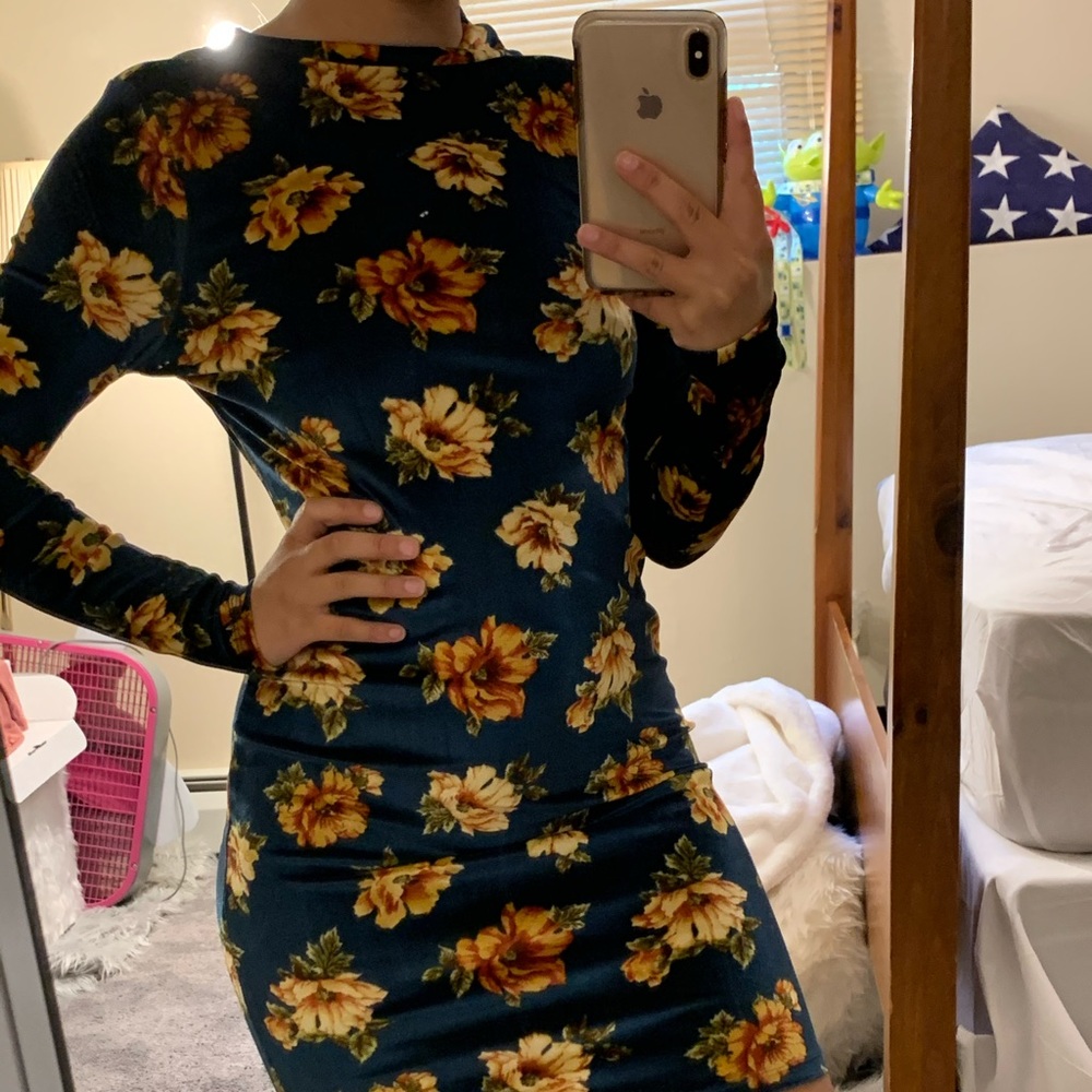 Blue and Gold Velvet Sunflower Dress